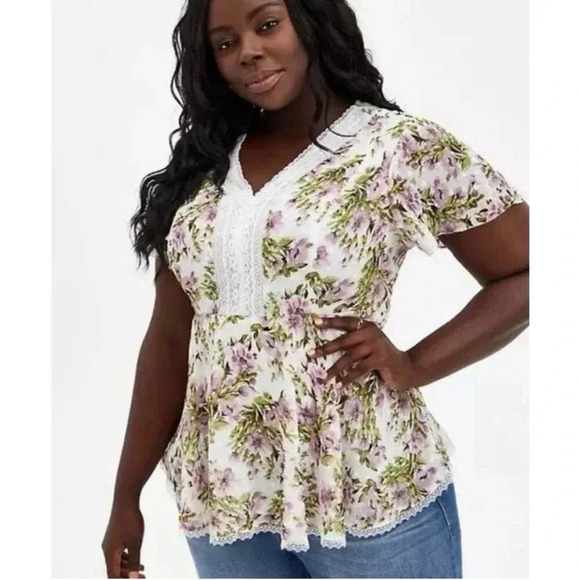 Torrid Blouse Floral Clip Dot Flutter Sleeve Babydoll Chiffon Lace Trim Size 1X - Picture 1 of 15